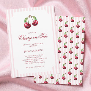 Modern Pink and Red Cute Cherry on Top Baby Shower Invitation