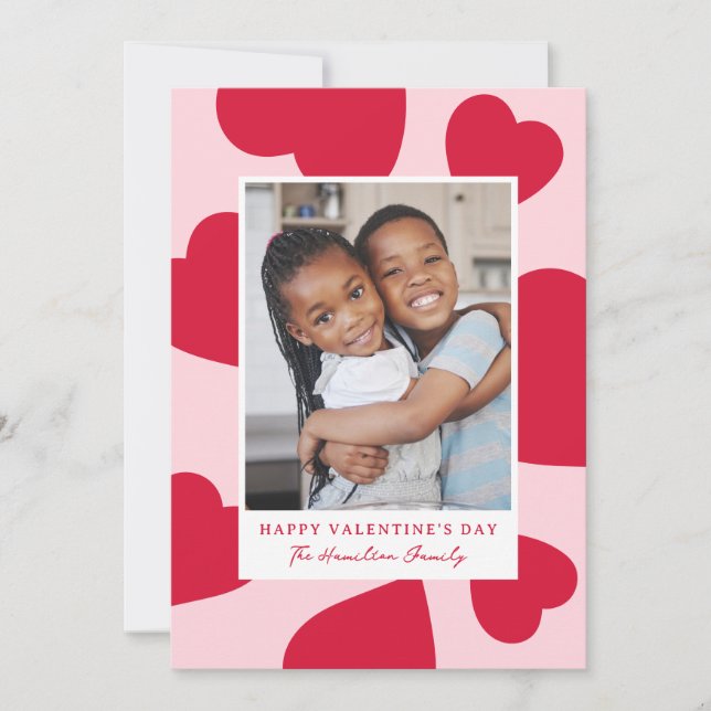 Modern Pink and Red Hearts Valentine's Day Photo Holiday Card (Front)