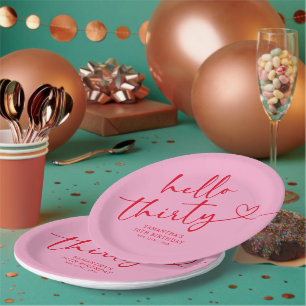 Modern Pink and Red Hello 30th Birthday Paper Plate