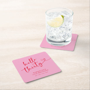 Modern Pink and Red Hello 30th Birthday Square Paper Coaster