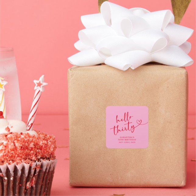 Modern Pink and Red Hello 30th Birthday Square Sticker (Party)
