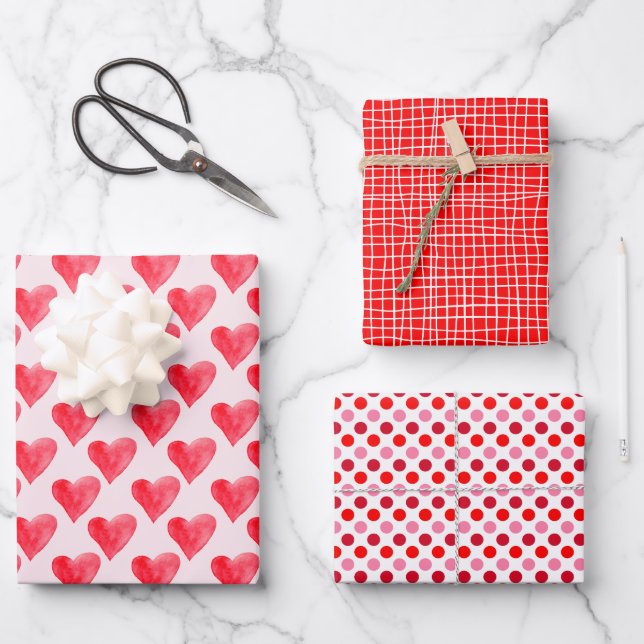 Modern Pink and Red Valentine Day Patterns Wrapping Paper Sheet (Front)