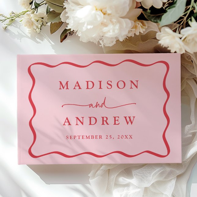 Modern Pink and Red Wavy Frame Photo Wedding Guest Book (Creator Uploaded)