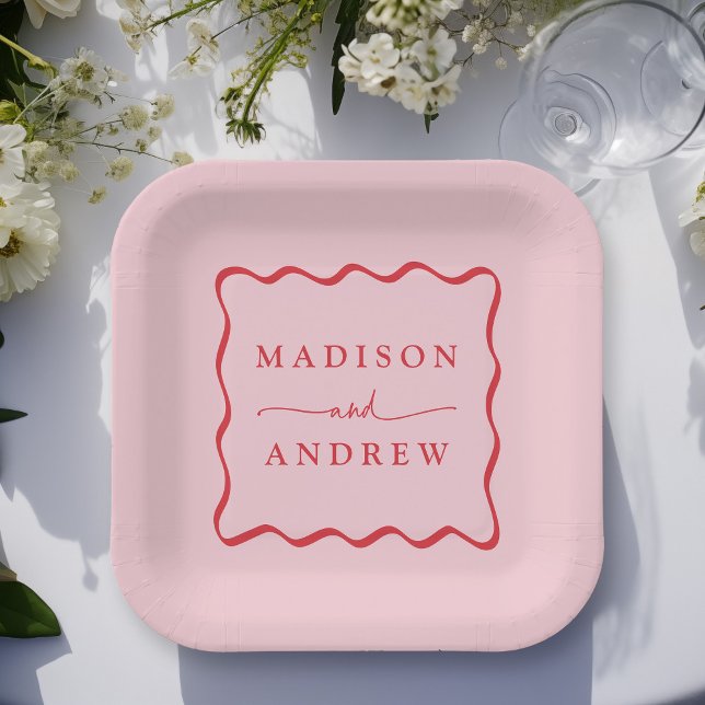 Modern Pink and Red Wavy Frame Wedding Paper Plate (Creator Uploaded)