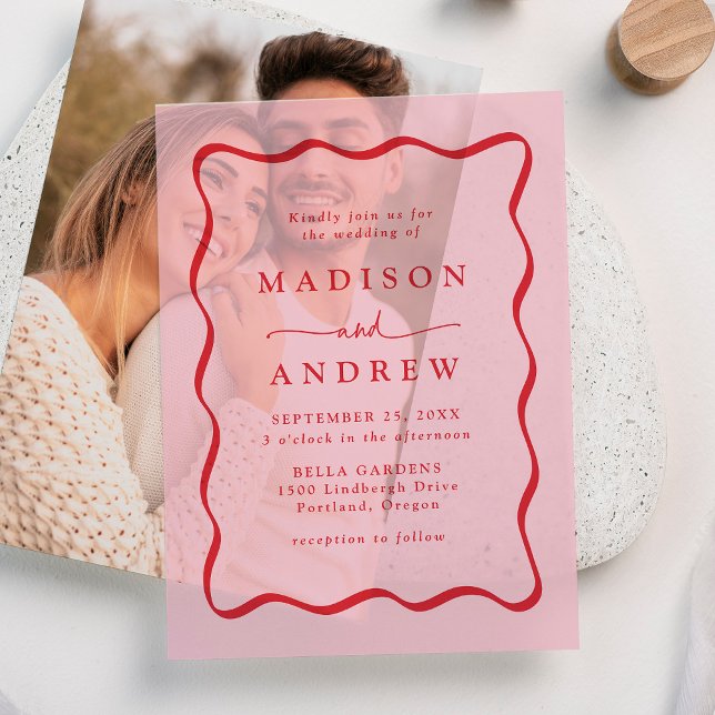 Modern Pink and Red Wavy Frame Wedding Vellum Invitations (Creator Uploaded)