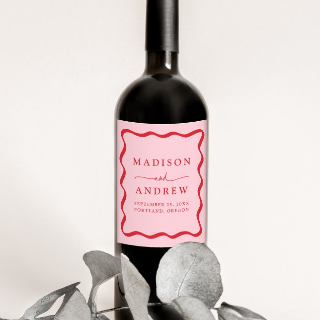 Modern Pink and Red Wavy Frame Wedding Wine Label (Creator Uploaded)