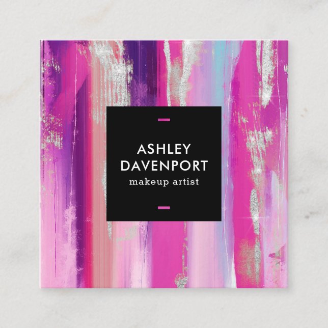Modern pink and silver glitter brushstrokes makeup square business card (Front)