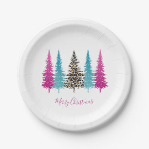 Modern Pink and Turquoise Christmas Trees Paper Plate