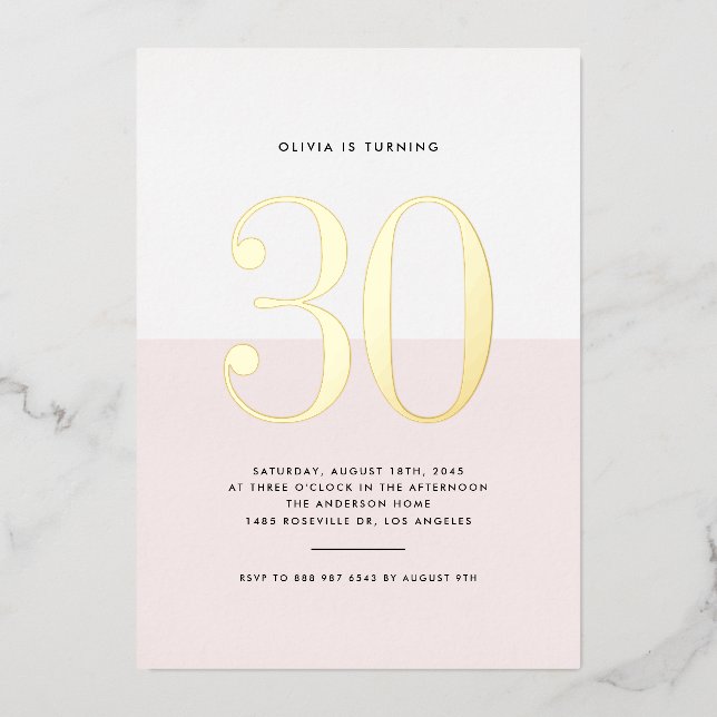 Modern Pink and White 30th Birthday Gold Foil (Front)