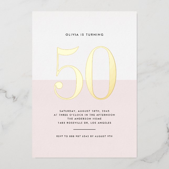 Modern Pink and White 50th Birthday Gold Foil (Front)