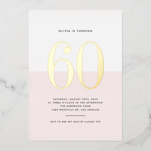 Modern Pink and White 60th Birthday Gold Foil (Front)