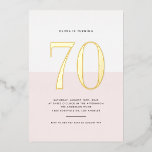 Modern Pink and White 70th Birthday Gold Foil<br><div class="desc">Invite guests to your event with this customisable sixtieth-birthday invitation. It features a pink and white colour block with modern typography. Personalise this modern 70th birthday invitation by adding your event details. This gold foil sixtieth birthday invitation is available in other foil colours.</div>
