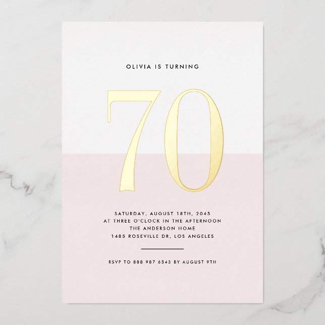Modern Pink and White 70th Birthday Gold Foil (Front)