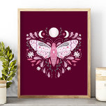 Modern Pink And White Abstract Moth Illustration Poster<br><div class="desc">Modern Pink And White Abstract Celestial Moth Illustration Poster. This magical mystical abstract boho design features a beautiful intricate moth illustration with a full moon and crescent moon phases. Adorned with wildflowers,  and floral flourishes. Bohemian witchy aesthetic.</div>