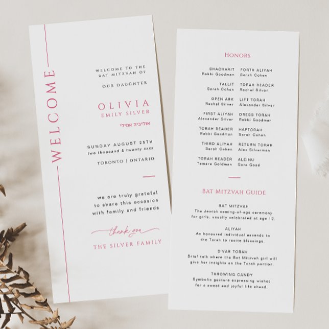 Modern Pink and White Bat Mitzvah Program Card (Creator Uploaded)