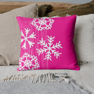Modern pink and white Christmas snowflakes Cushion