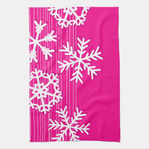 Modern pink and white Christmas snowflakes Tea Towel