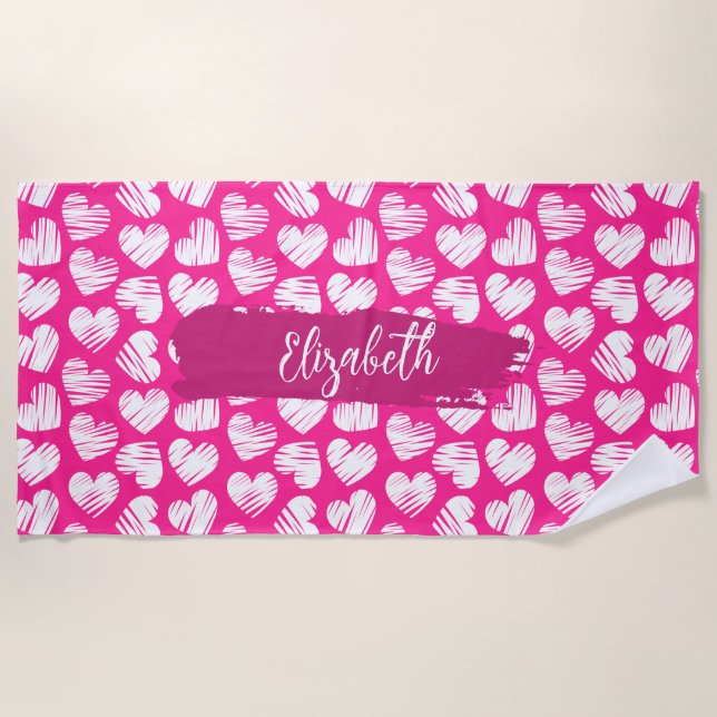 Modern Pink and White Doodled Heart Valentine Name Beach Towel (Front)