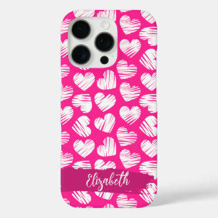 Modern Pink and White Doodled Heart Valentine Name iPhone 16 Pro Case