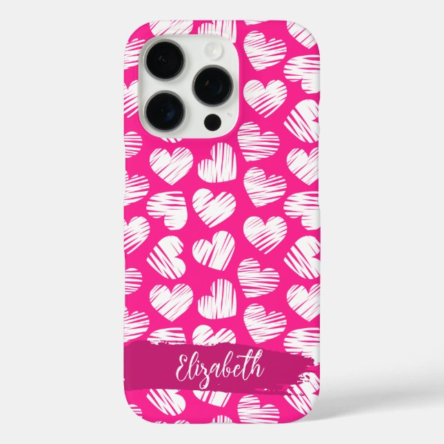 Modern Pink and White Doodled Heart Valentine Name Case-Mate iPhone Case (Back)