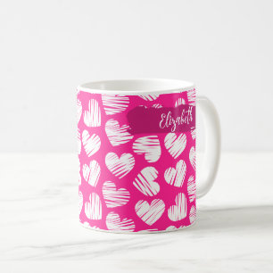 Modern Pink and White Doodled Heart Valentine Name Coffee Mug