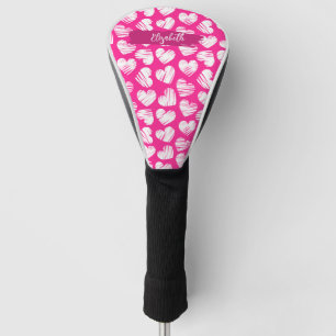 Modern Pink and White Doodled Heart Valentine Name Golf Head Cover