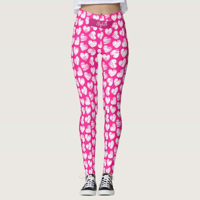 Modern Pink and White Doodled Heart Valentine Name Leggings (Front)