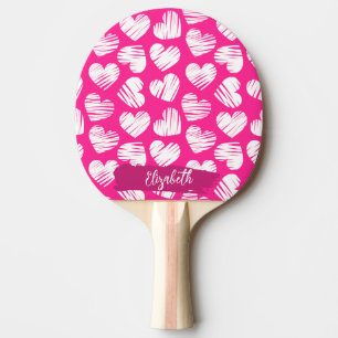 Modern Pink and White Doodled Heart Valentine Name Ping Pong Paddle