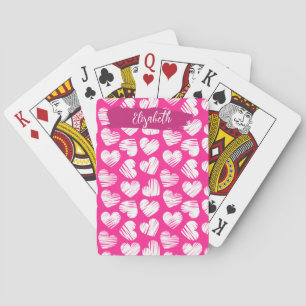 Modern Pink and White Doodled Heart Valentine Name Playing Cards