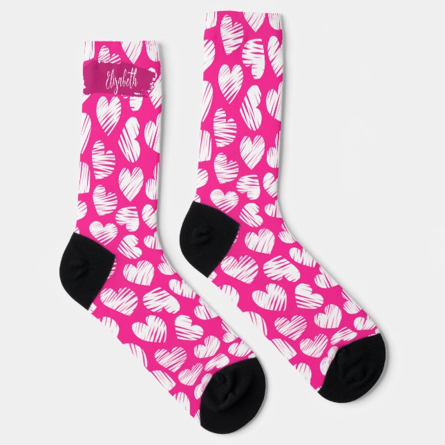 Modern Pink and White Doodled Heart Valentine Name Socks (Right)