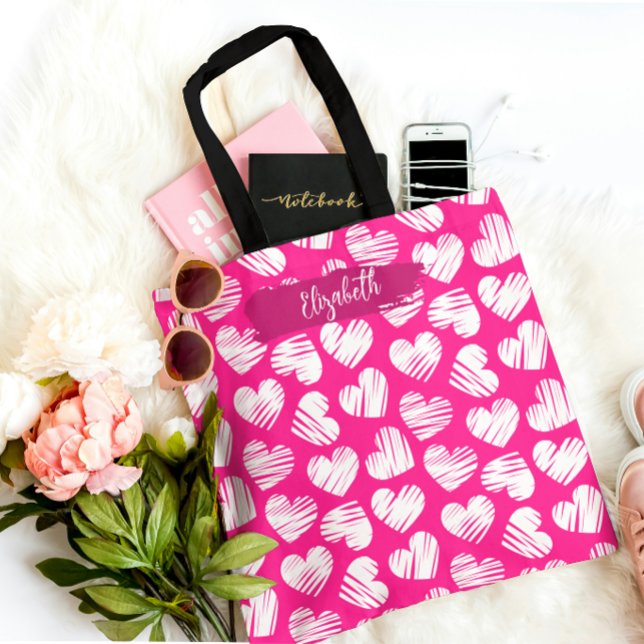 Modern Pink and White Doodled Heart Valentine Name Tote Bag (Creator Uploaded)