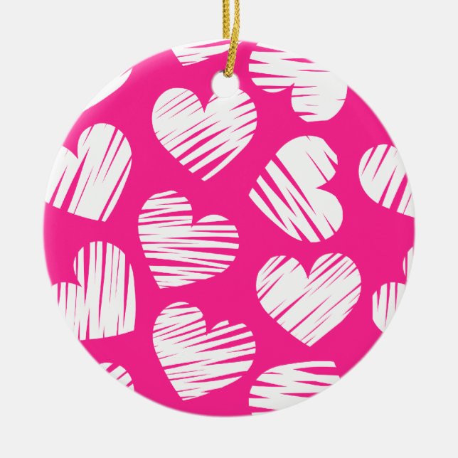 Modern Pink and White Doodled Heart Valentines Day Ceramic Tree Decoration (Front)