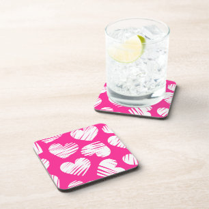 Modern Pink and White Doodled Heart Valentines Day Coaster