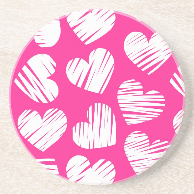 Modern Pink and White Doodled Heart Valentines Day Coaster (Front)