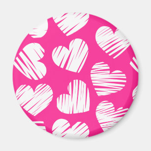 Modern Pink and White Doodled Heart Valentines Day Magnet