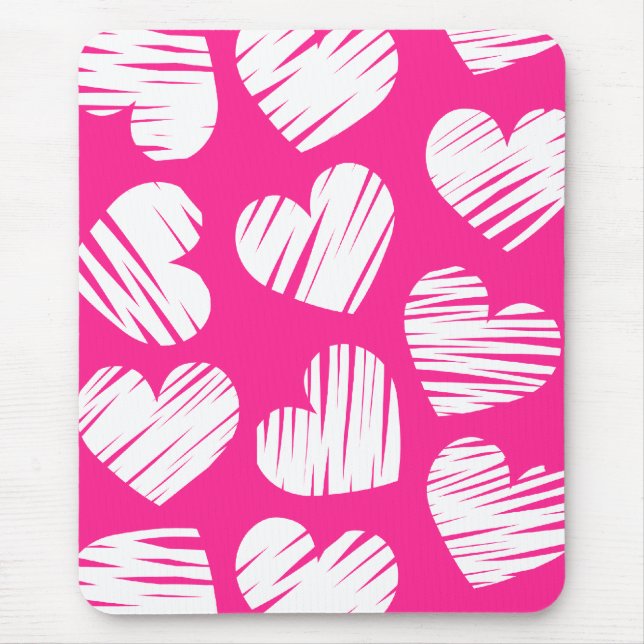 Modern Pink and White Doodled Heart Valentines Day Mouse Mat (Front)