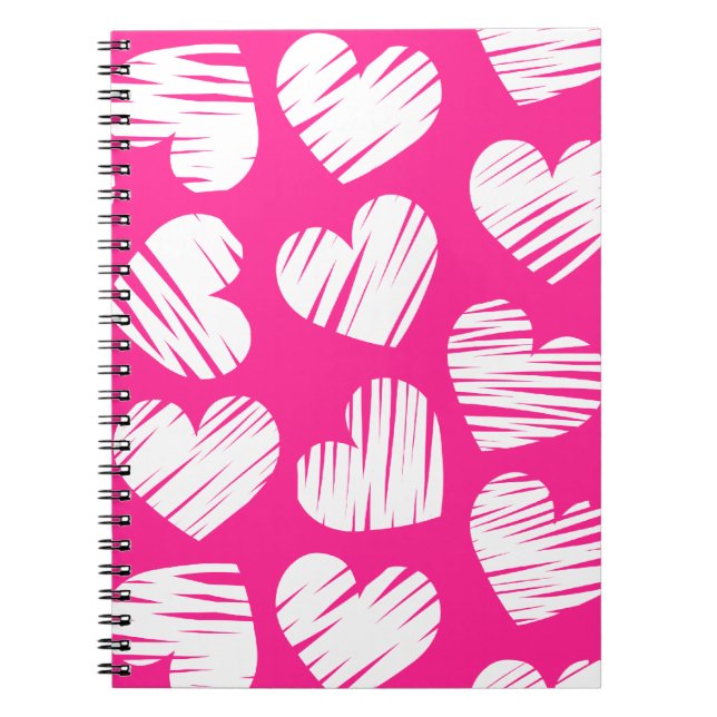 Modern Pink and White Doodled Heart Valentines Day Notebook (Front)