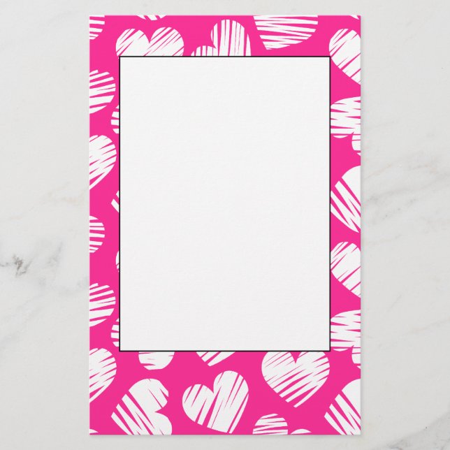 Modern Pink and White Doodled Heart Valentines Day Stationery (Front)