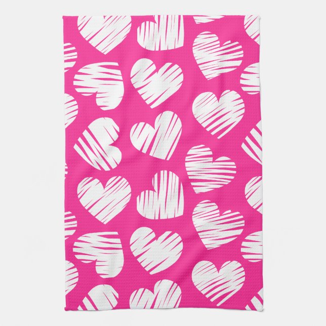Modern Pink and White Doodled Heart Valentines Day Tea Towel (Vertical)