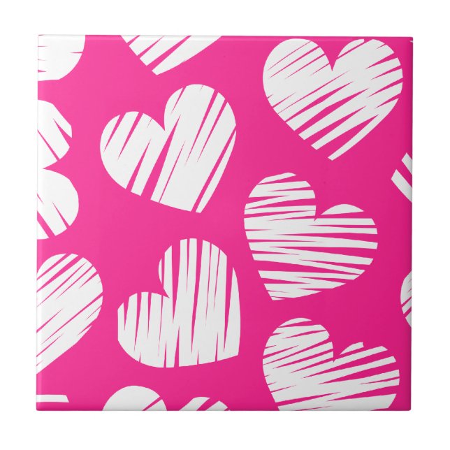 Modern Pink and White Doodled Heart Valentines Day Tile (Front)