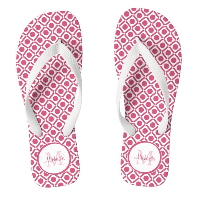 Modern Pink and White Geometric Monogram With Name Flip Flops (Footbed)