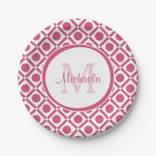 Modern Pink and White Geometric Monogram With Name Paper Plate
