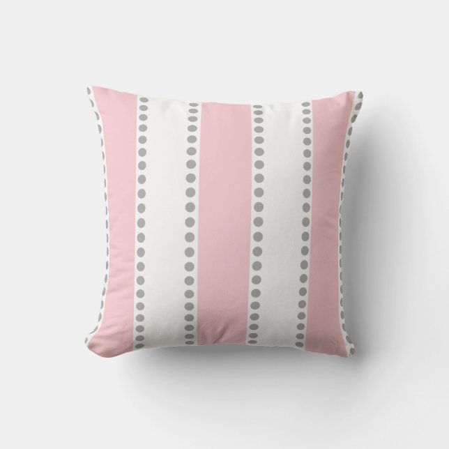 Modern Pink and White Grey Polka Dots Stripes | Cushion (Front)