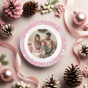 Modern Pink and White Snowflakes Holiday Card