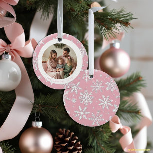 Modern Pink and White Snowflakes Photo Ceramic Tree Decoration