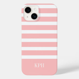 Modern Pink and White Stripe with Monogram  Case-Mate iPhone 14 Case
