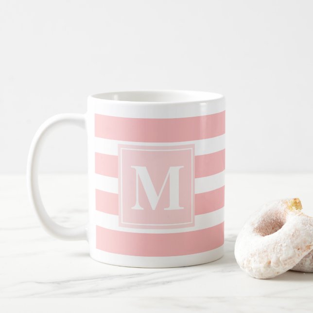 Modern Pink and White Striped Monogram Coffee Mug (With Donut)