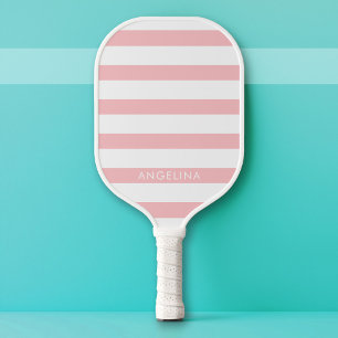 Modern Pink and White Striped Pattern Custom Name Pickleball Paddle