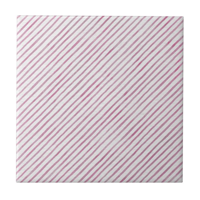 Modern Pink And White Stripes Ceramic Tile (Front)
