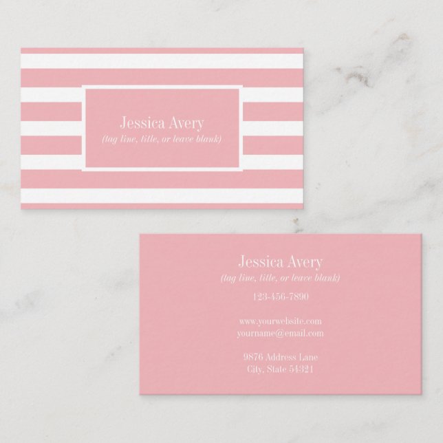 Modern Pink and White Stripes Monogram Name Business Card (Front/Back)